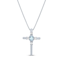 Oval-Cut Aquamarine & Round-Cut White Lab-Created Sapphire Cross Necklace Sterling Silver 18&quot;