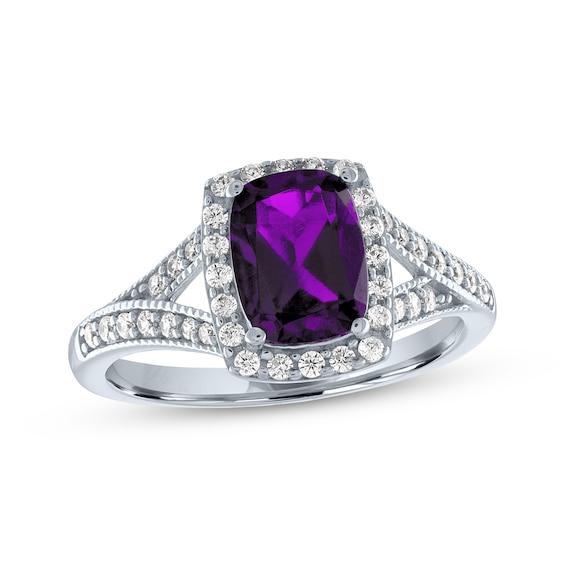 Cushion-Cut Amethyst & White Lab-Created Sapphire Ring Sterling Silver