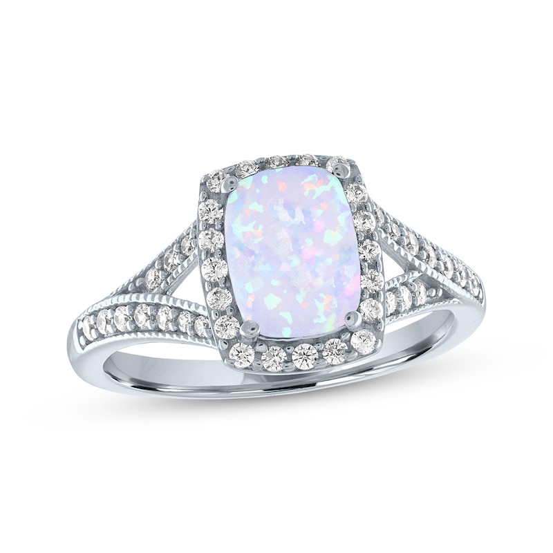 Main Image 1 of Cushion-Cut Lab-Created Opal & White Lab-Created Sapphire Ring Sterling Silver