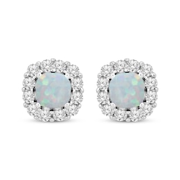 Cushion-Cut Lab-Created Opal & White Lab-Created Sapphire Stud Earrings Sterling Silver