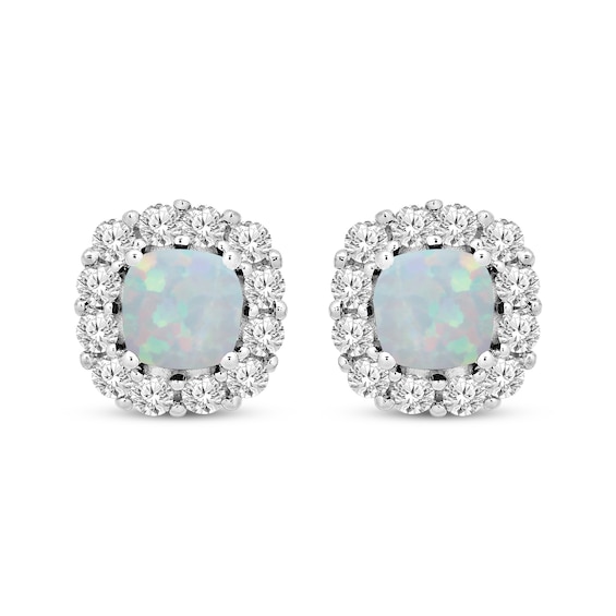 Cushion-Cut Lab-Created Opal & White Lab-Created Sapphire Stud Earrings Sterling Silver