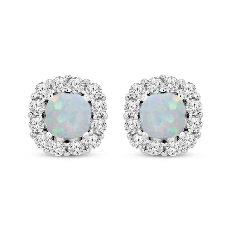 Main Image 1 of Cushion-Cut Lab-Created Opal & White Lab-Created Sapphire Stud Earrings Sterling Silver