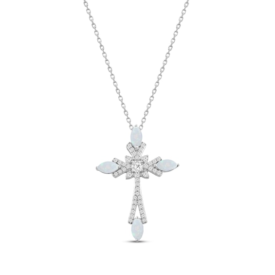 Marquise-Cut Lab-Created Opal & White Lab-Created Sapphire Cross Necklace Sterling Silver 18"