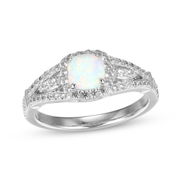 Cushion-Cut Lab-Created Opal & White Lab-Created Sapphire Ring Sterling Silver