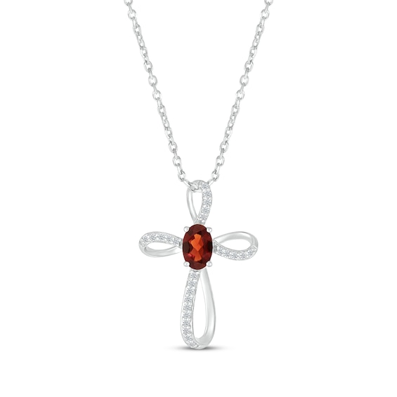 Oval-Cut Garnet & White Lab-Created Sapphire Looping Cross Necklace Sterling Silver 18"