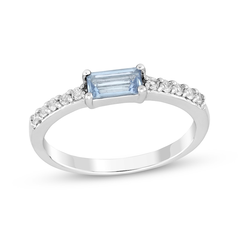 Main Image 1 of Baguette-Cut Aquamarine & White Lab-Created Sapphire Ring Sterling Silver