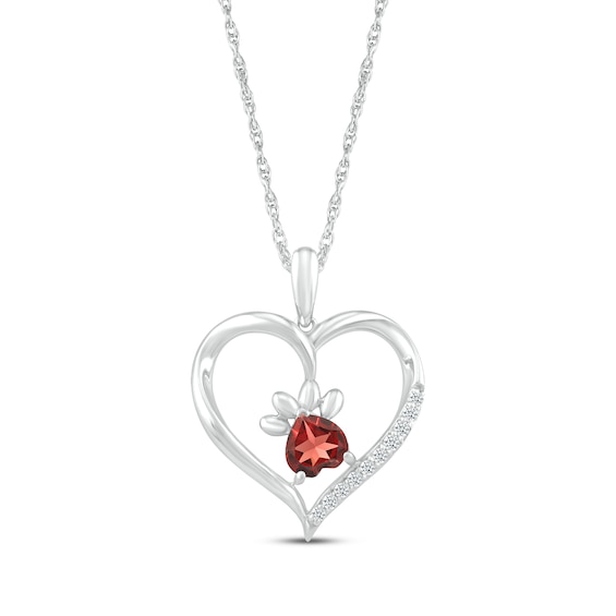 Heart-Shaped Garnet & White Lab-Created Sapphire Paw Print Necklace Sterling Silver 18"