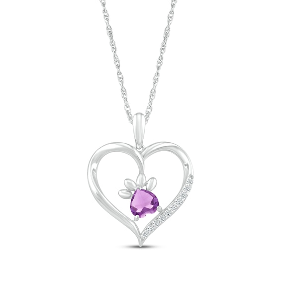 Heart-Shaped Amethyst & White Lab-Created Sapphire Paw Print Necklace Sterling Silver 18"