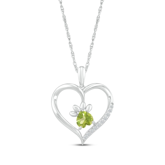 Heart-Shaped Peridot & White Lab-Created Sapphire Paw Print Necklace Sterling Silver 18"