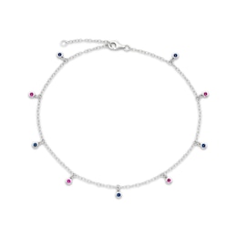 Lab-Created Ruby & Blue Lab-Created Sapphire Dangles Anklet Sterling Silver 11&quot;