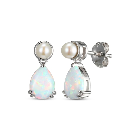 Pear-Shaped Lab-Created Opal & Cultured Pearl Drop Earrings Sterling Silver