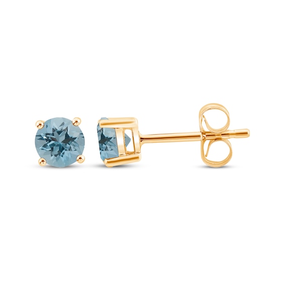 Aquamarine Solitaire Stud Earrings 10K Yellow Gold