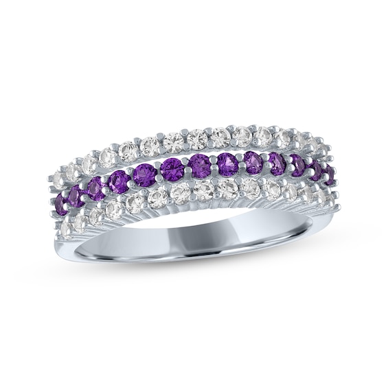 Amethyst & White Lab-Created Sapphire Three-Row Ring Sterling Silver
