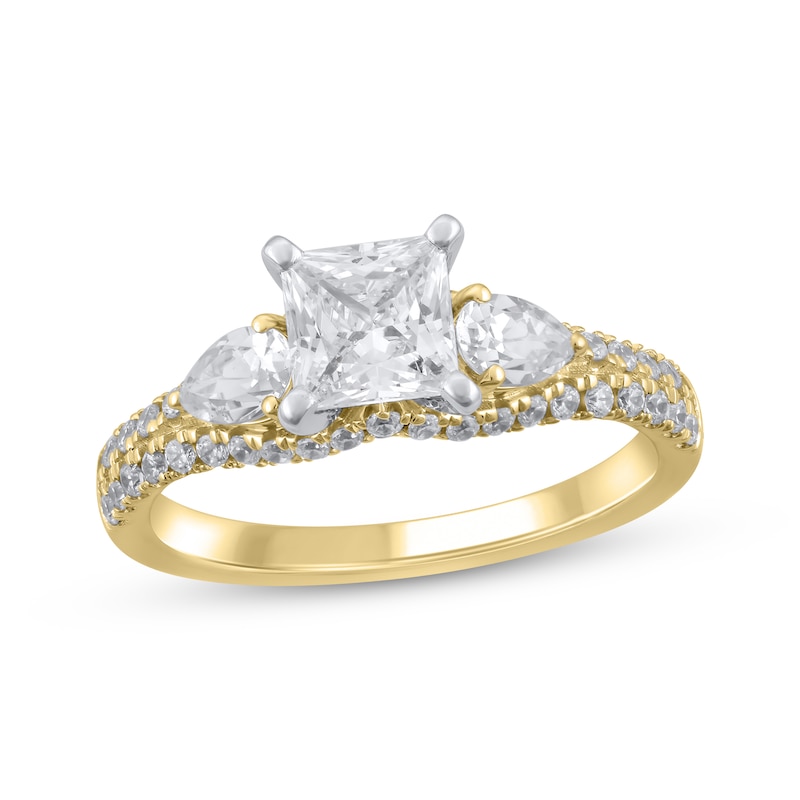 Main Image 1 of Princess-Cut & Pear-Shaped Diamond Three-Stone Engagement Ring 1-3/4 ct tw 14K Two-Tone Gold