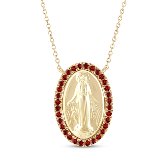 Lab-Created Ruby Virgin Mary Oval Necklace 14K Yellow Gold 16"