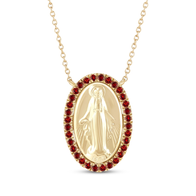 Main Image 1 of Lab-Created Ruby Virgin Mary Oval Necklace 14K Yellow Gold 16&quot;