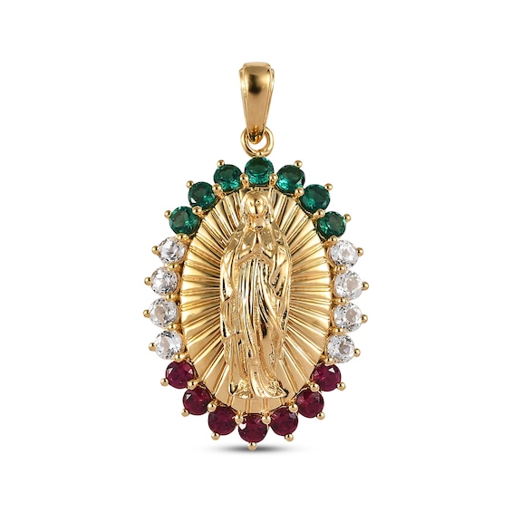 Lab-Created Ruby, Lab-Created Emerald & White Lab-Created Sapphire Oval Mary Charm 10K Yellow Gold