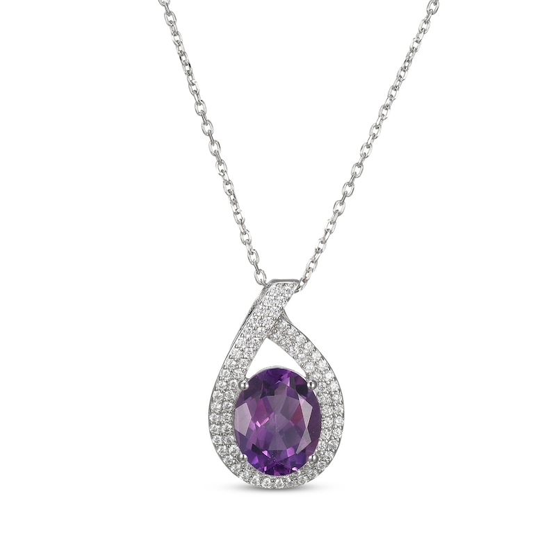 Main Image 1 of Oval-Cut Amethyst & White Lab-Created Sapphire Teardrop Necklace Sterling Silver 18&quot;