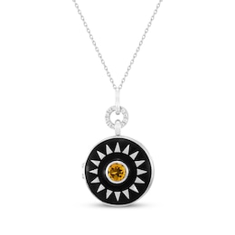 Citrine & White Lab-Created Sapphire Enameled Sunburst Locket Necklace Sterling Silver 18&quot;