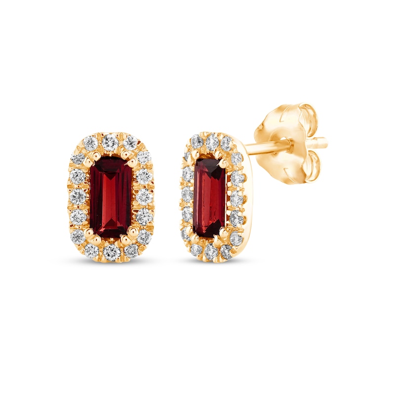 Main Image 1 of Baguette-Cut Garnet & Diamond Stud Earrings 1/8 ct tw 10K Yellow Gold