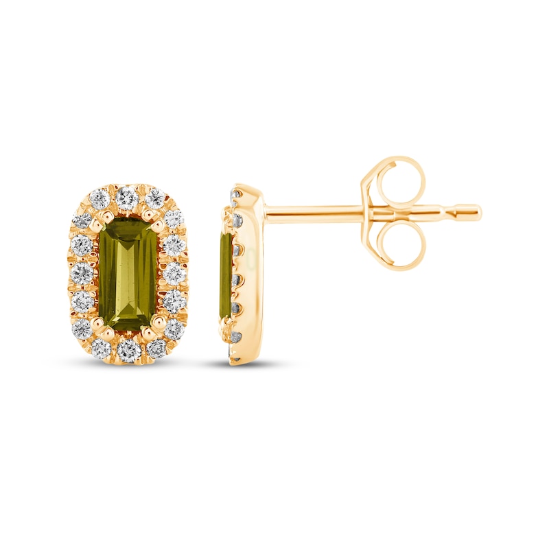 Main Image 3 of Baguette-Cut Peridot & Diamond Stud Earrings 1/8 ct tw 10K Yellow Gold