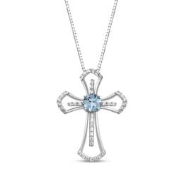 Aquamarine & White Lab-Created Sapphire Cross Necklace Sterling Silver 18&quot;