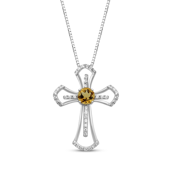 Citrine & White Lab-Created Sapphire Cross Necklace Sterling Silver 18"