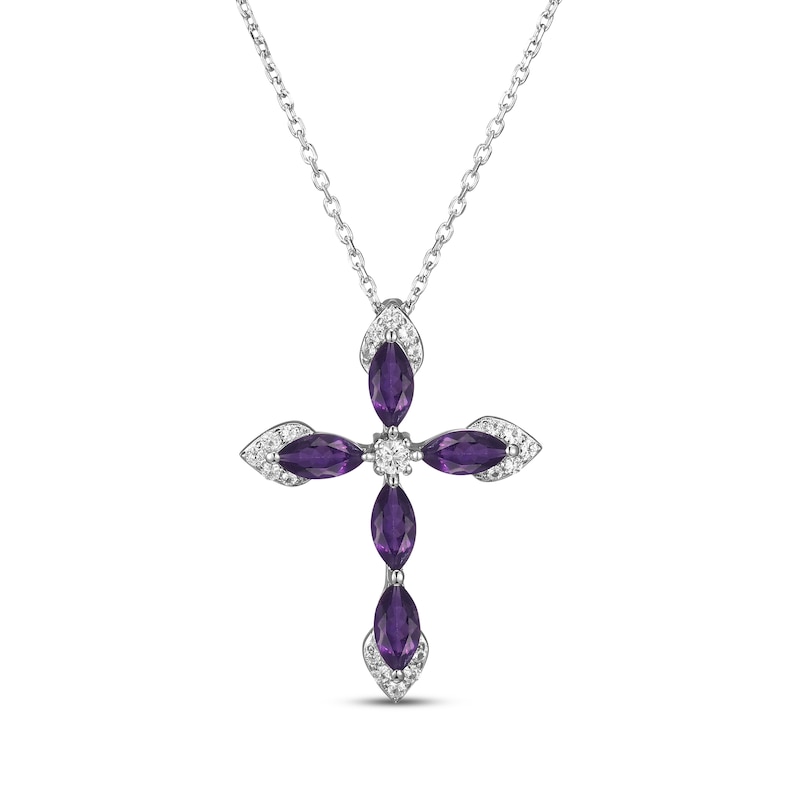 Main Image 1 of Marquise-Cut Amethyst & White Lab-Created Sapphire Cross Necklace Sterling Silver 18&quot;