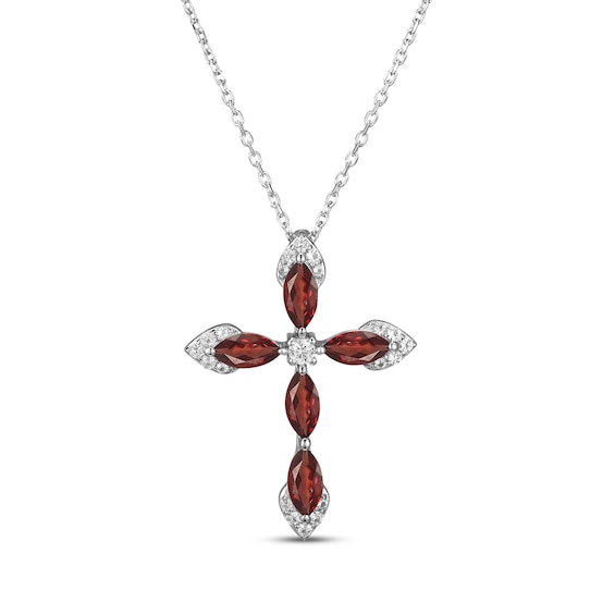Marquise-Cut Garnet & White Lab-Created Sapphire Cross Necklace Sterling Silver 18"