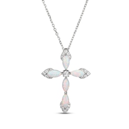 Marquise-Cut Lab-Created Opal & White Lab-Created Sapphire Cross Necklace Sterling Silver 18&quot;