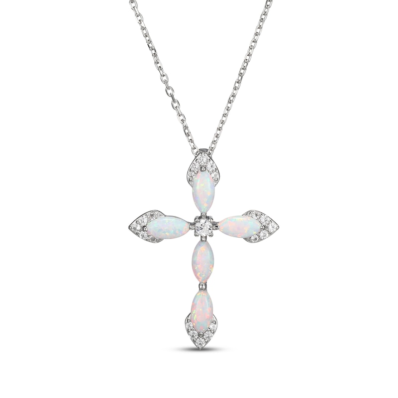 Main Image 1 of Marquise-Cut Lab-Created Opal & White Lab-Created Sapphire Cross Necklace Sterling Silver 18&quot;