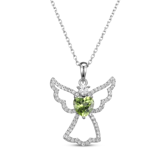 Heart-Shaped Peridot & White Lab-Created Sapphire Angel Necklace Sterling Silver 18"