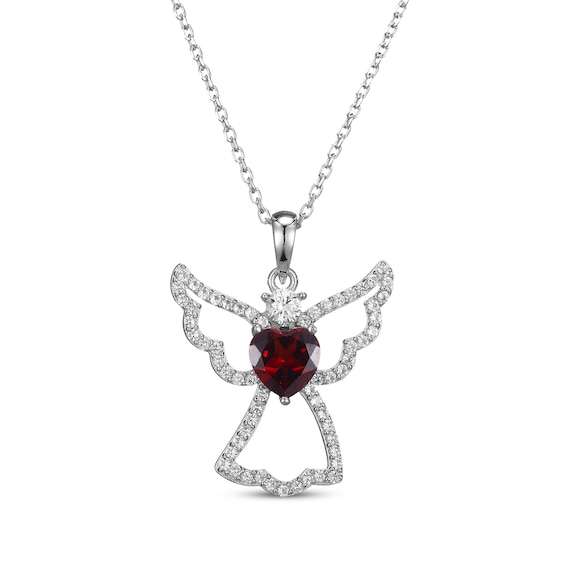 Heart-Shaped Garnet & White Lab-Created Sapphire Angel Necklace Sterling Silver 18"