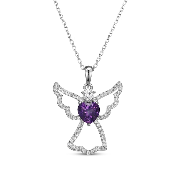 Heart-Shaped Amethyst & White Lab-Created Sapphire Angel Necklace Sterling Silver 18"