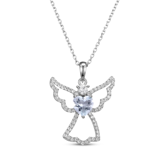 Heart-Shaped Aquamarine & White Lab-Created Sapphire Angel Necklace Sterling Silver 18"