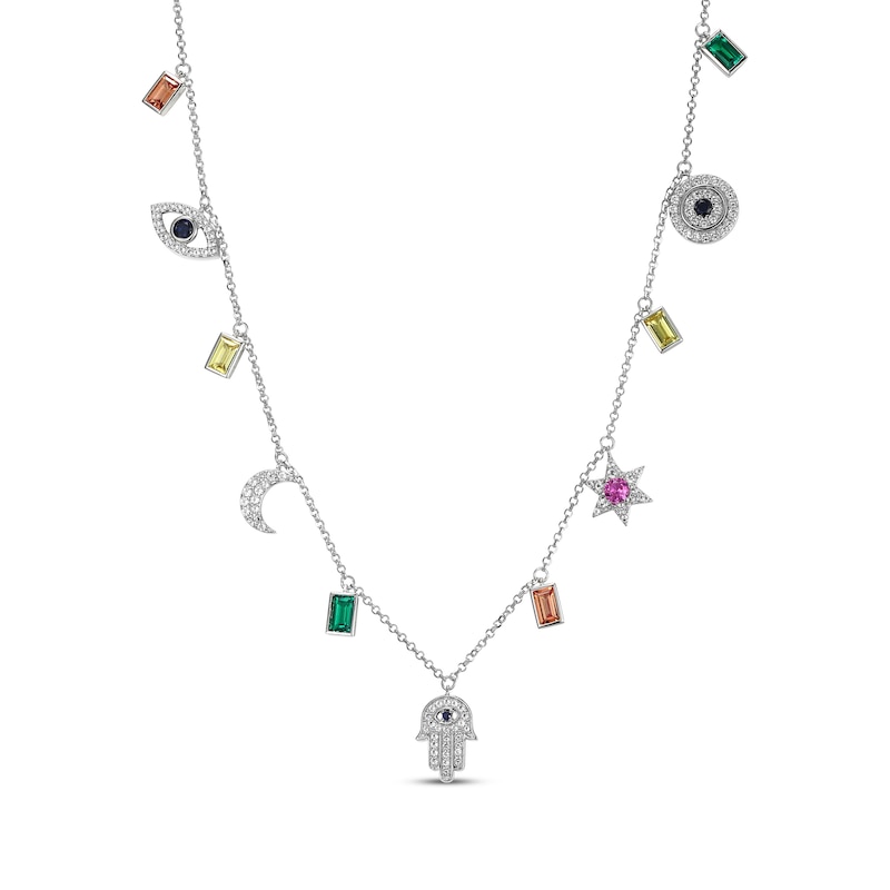 Main Image 1 of Multi Lab-Created Gemstone Charm Necklace Sterling Silver 18&quot;