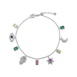 Multi Lab-Created Gemstone Charm Bracelet Sterling Silver 8&quot;