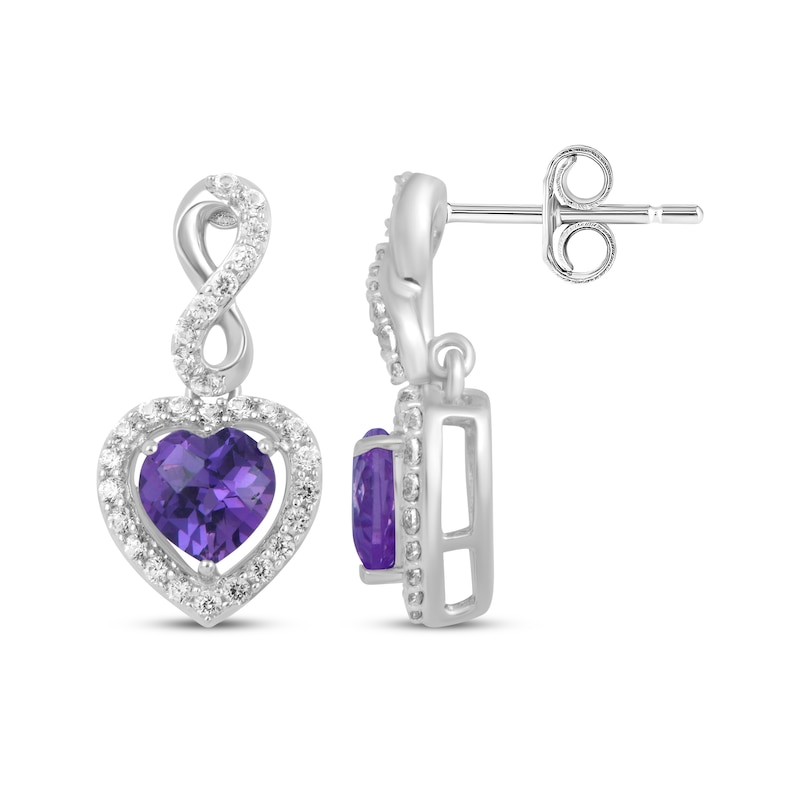 Main Image 1 of Heart-Shaped Amethyst & White Lab-Created Sapphire Infinity Drop Earrings Sterling Silver