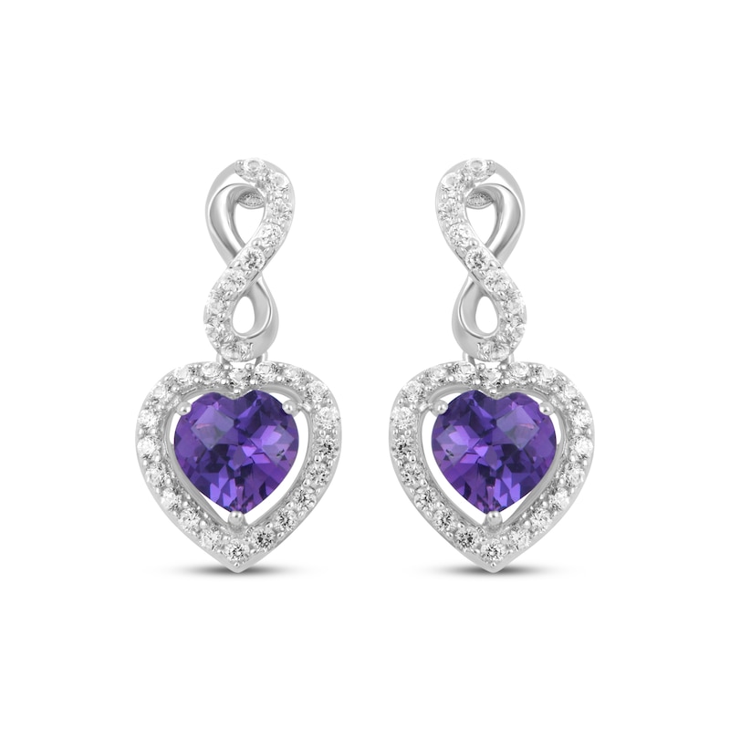 Main Image 2 of Heart-Shaped Amethyst & White Lab-Created Sapphire Infinity Drop Earrings Sterling Silver