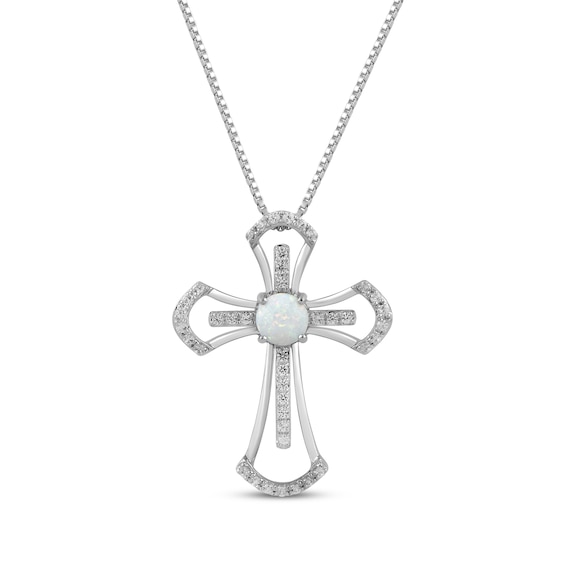 Lab-Created Opal & White Lab-Created Sapphire Double Cross Necklace Sterling Silver 18"