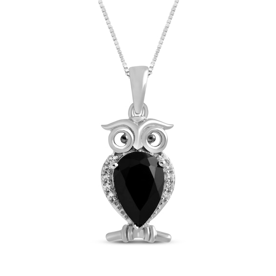 Pear-Shaped Black Onyx & White Lab-Created Sapphire Owl Necklace Sterling Silver 18"