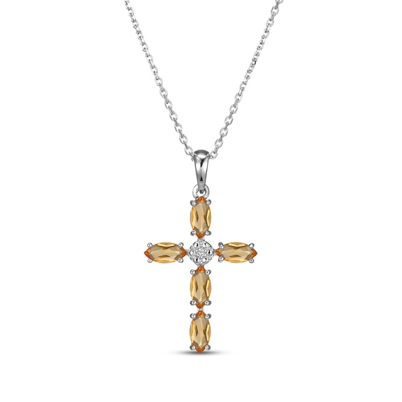 Marquise-Cut Citrine & Diamond Accent Cross Necklace Sterling Silver 18"