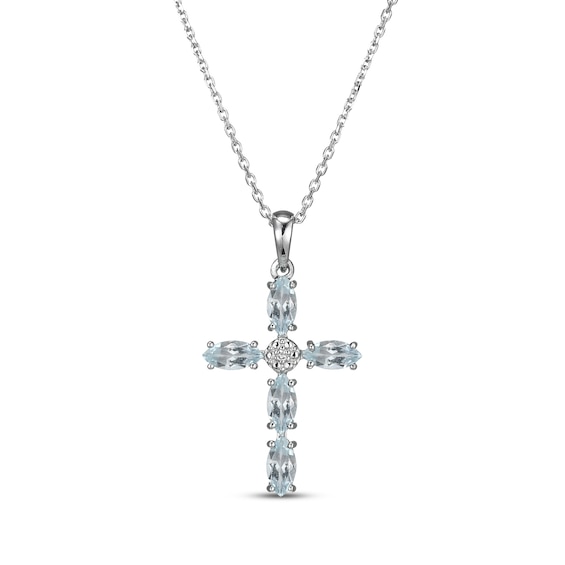 Marquise-Cut Aquamarine & Diamond Accent Cross Necklace Sterling Silver 18"
