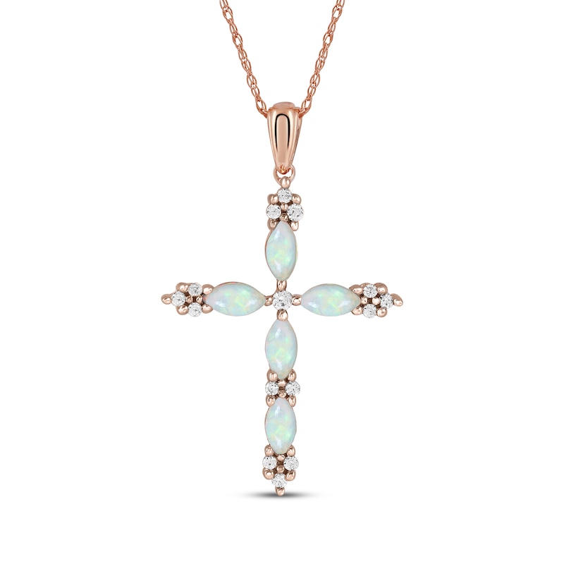 Main Image 1 of Marquise-Cut Lab-Created Opal & Diamond Cross Necklace 1/15 ct tw 10K Rose Gold 18&quot;