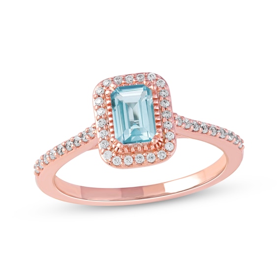 Emerald-Cut Aquamarine & Diamond Ring 1/5 ct tw 10K Rose Gold