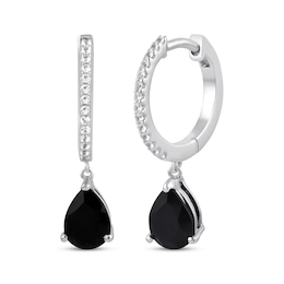 Pear-Shaped Black Onyx & White Lab-Created Sapphire Hoop Dangle Earrings Sterling Silver