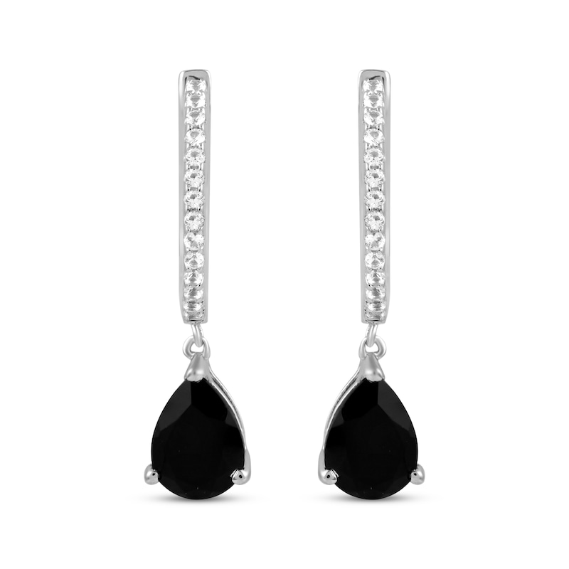 Main Image 2 of Pear-Shaped Black Onyx & White Lab-Created Sapphire Hoop Dangle Earrings Sterling Silver