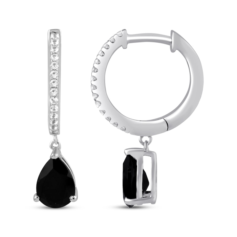 Main Image 3 of Pear-Shaped Black Onyx & White Lab-Created Sapphire Hoop Dangle Earrings Sterling Silver