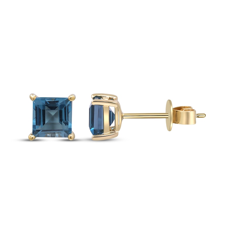 Main Image 3 of Square-Cut London Blue Topaz Solitaire Stud Earrings 10K Yellow Gold