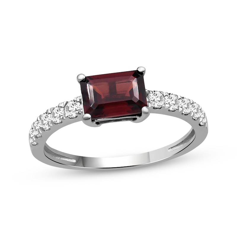 Main Image 1 of Emerald-Cut Garnet & White Lab-Created Sapphire Ring Sterling Silver